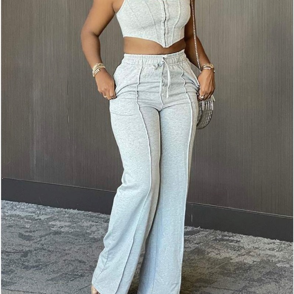 TOP DRAWSTRING WIDE LEG PANTS SET - Picture 2 of 3